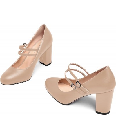 Womens Bridal Sexy Two Straps Round Toe Matte Fashion Buckle Block High Heel Pumps Dress Shoes 3.5 Inch Beige $41.68 Pumps