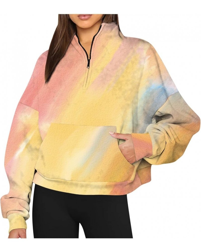 Trendy Hoodies,Womens Tie Dye Print Half Zip Oversized Sweatshirts Blouse Fall Comfy Quarter Zip Fleece Streetwear Yellow-7 $...