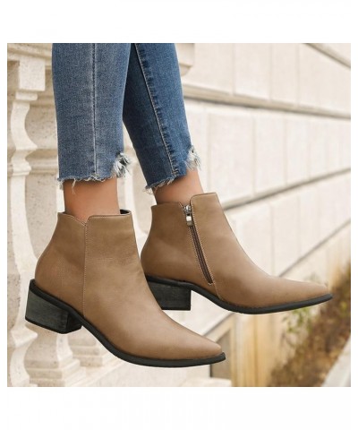 Womens Ankle boots Winter Boots Women's Casual Ankle Boots Short Boots Pointed Solid Color Side Zippers Thick Heels Khaki $19...