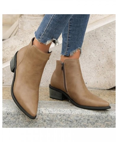 Womens Ankle boots Winter Boots Women's Casual Ankle Boots Short Boots Pointed Solid Color Side Zippers Thick Heels Khaki $19...