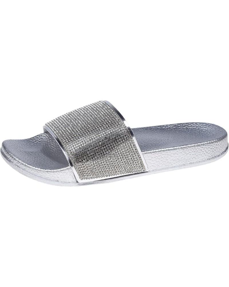 Ladies Sandals Fashion New Pattern Solid Color Bright Diamond Decoration Flat Bottom Thick Sole Summer Beach Silver $20.71 Sa...