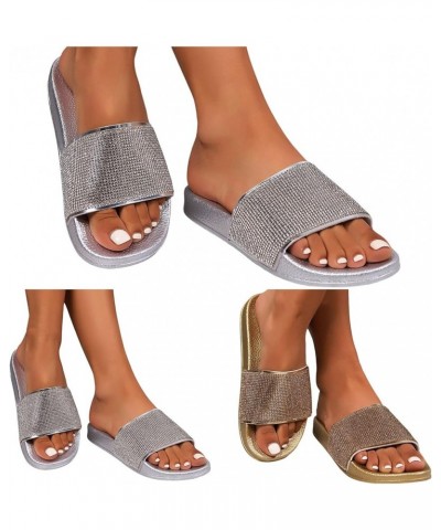 Ladies Sandals Fashion New Pattern Solid Color Bright Diamond Decoration Flat Bottom Thick Sole Summer Beach Silver $20.71 Sa...