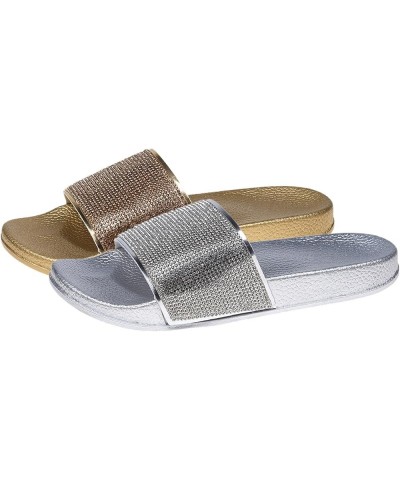 Ladies Sandals Fashion New Pattern Solid Color Bright Diamond Decoration Flat Bottom Thick Sole Summer Beach Silver $20.71 Sa...