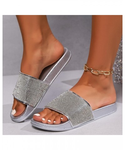 Ladies Sandals Fashion New Pattern Solid Color Bright Diamond Decoration Flat Bottom Thick Sole Summer Beach Silver $20.71 Sa...