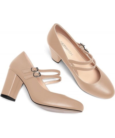 Womens Bridal Sexy Two Straps Round Toe Matte Fashion Buckle Block High Heel Pumps Dress Shoes 3.5 Inch Beige $41.68 Pumps