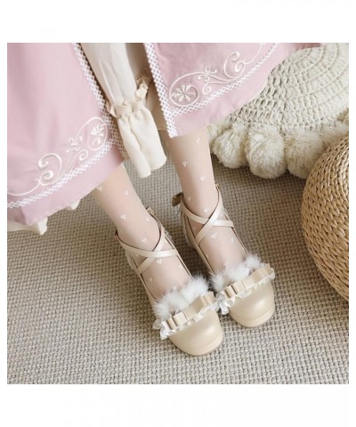 Womens Chunky Heels Mary Janes Shoes Comfortable Bowknot Pompon Round Toe Western Cross Ankle Strap Work Oxfords Shoes Beige ...