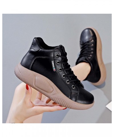 Women Leather Arch Support Walking Shoes 2022 Women's Winter New Korean Lace Up High Top Plush Warm Sport Shoes 7 Black $22.6...