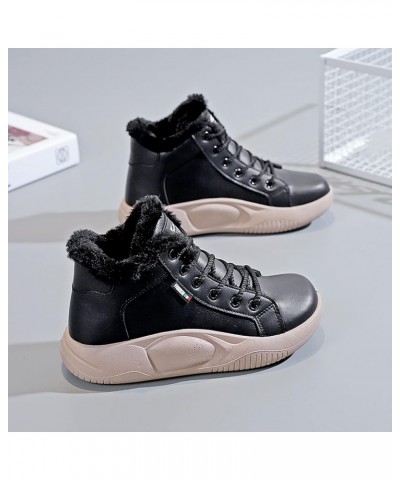 Women Leather Arch Support Walking Shoes 2022 Women's Winter New Korean Lace Up High Top Plush Warm Sport Shoes 7 Black $22.6...