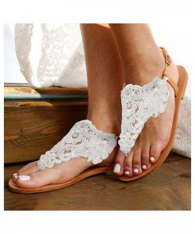 Women's Bohemia Lace Flat Sandals Fashion Round Open Toe Toe Ring Dress Sandals Leather Slip On Casual Summer Flip Flops Dres...