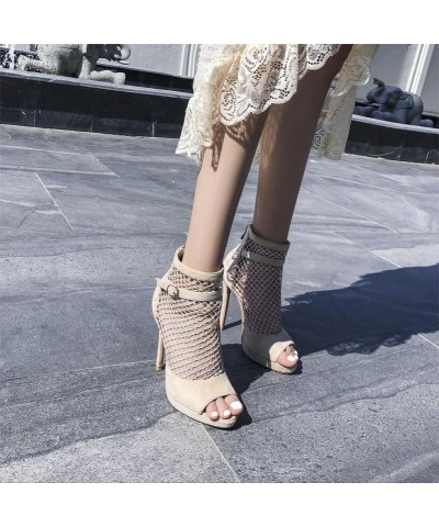 Women's Mesh Platform Stiletto High Heel Buckle Back Zipper Peep Toe Frosting Sexy Summer Ankle Booties Apricot $32.65 Boots