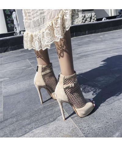 Women's Mesh Platform Stiletto High Heel Buckle Back Zipper Peep Toe Frosting Sexy Summer Ankle Booties Apricot $32.65 Boots