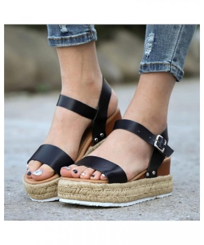 Sandals Women Open Toe Buckle Ankle Strap Espadrilles High Heel Casual Sandals Outdoor Walking Flat Shoes 169-hyems-f-black $...