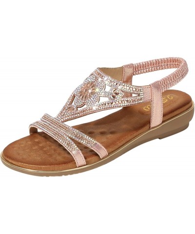 Sandals For Womens Studded Crystal Shoes Wedges Elastic Strap Roman Sandals Z 02-pink $14.14 Sandals