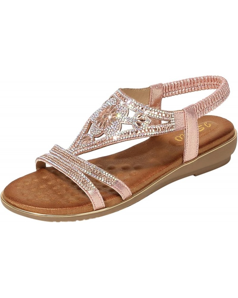 Sandals For Womens Studded Crystal Shoes Wedges Elastic Strap Roman Sandals Z 02-pink $14.14 Sandals