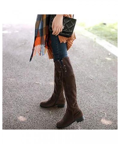 Fleece Cuff Knee High Boots for Women,Faux Suede Round Toe Wide Width Chunky Low Heel Over The Knee Boots Lace Up Wide Calf P...