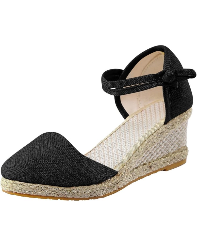 Womens Dressy Sandals Size 8 Women's Ankle Strap Closed Toe Espadrille Wedge Heels Sandals Retro Casual Buckle Strap Ladies P...