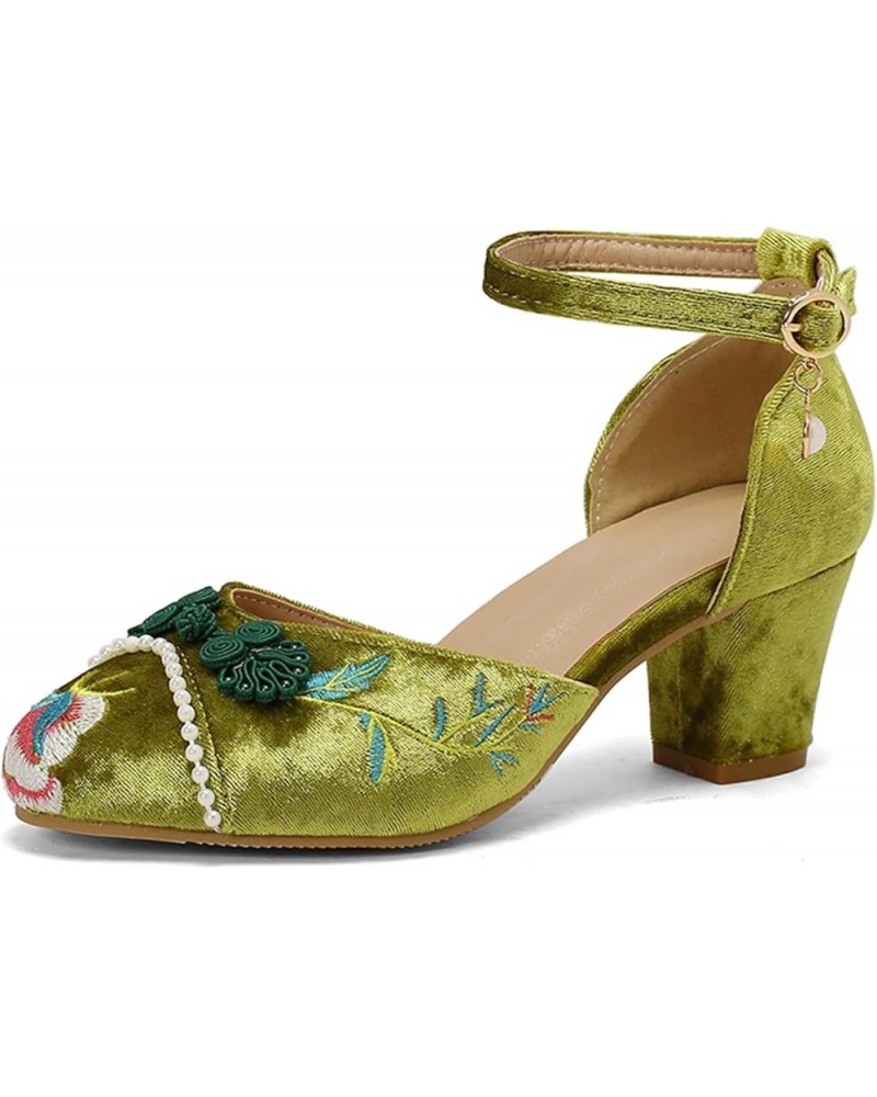 Women Closed Toe Embroidery Block Heel Sandals Vintage Green 3 $22.37 Sandals