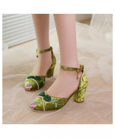 Women Closed Toe Embroidery Block Heel Sandals Vintage Green 3 $22.37 Sandals