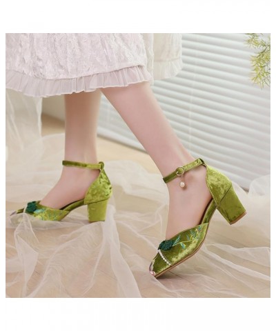 Women Closed Toe Embroidery Block Heel Sandals Vintage Green 3 $22.37 Sandals