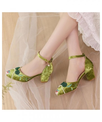 Women Closed Toe Embroidery Block Heel Sandals Vintage Green 3 $22.37 Sandals