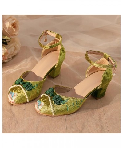 Women Closed Toe Embroidery Block Heel Sandals Vintage Green 3 $22.37 Sandals