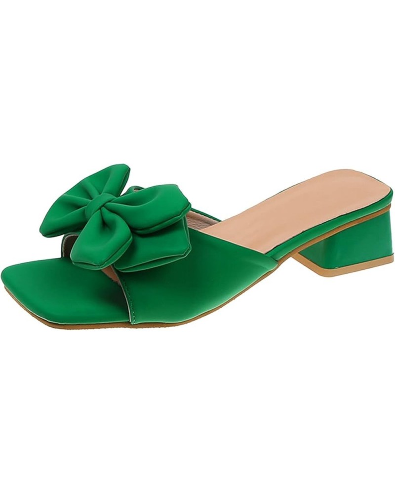 Womens Sandals Bow Square Heel Middle Heel Solid Color Casual Sandals heel sandals for women Green $21.45 Sandals