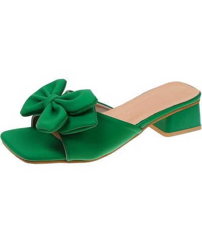 Womens Sandals Bow Square Heel Middle Heel Solid Color Casual Sandals heel sandals for women Green $21.45 Sandals