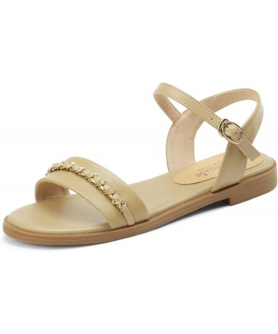 Womens LC972 Peep Toe Chain Clasp Cow Leather Flats Sandals Camel $40.66 Sandals