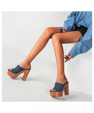 Chunky Heeled Sandals for Women 2024 Summer Women's Fashion Shoes Thick Soled High Heel Lady Shoes Fish Mouth Slippers Blue $...