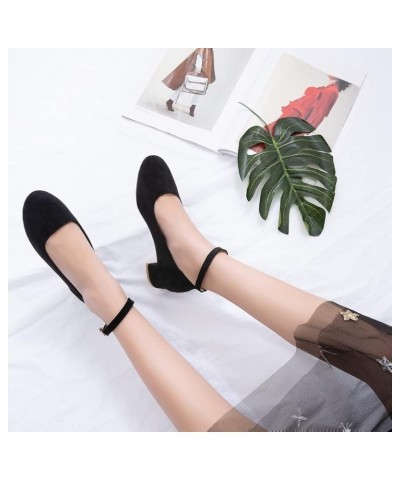 Women's Retro Square Toe Mid Block Heel Pumps Suede Ankle Strap Comfort Chunky Office Dress Shoes Black $24.30 Pumps