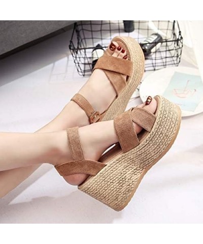 Women's Sandals Casual Summer Straw Woven Wedge Peep Toe High Heel Platform Cross Straps Flat Shoes Non-Slip Sandals Black $1...