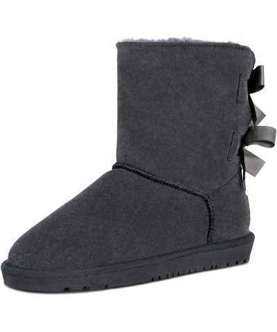 Sheepskin Fur Lining Winter Warm Boots for Women & Ladies, Women's Mid Calf Leather Short Fashion Bow Snow Boots Gery $18.19 ...