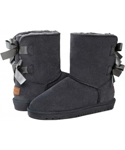 Sheepskin Fur Lining Winter Warm Boots for Women & Ladies, Women's Mid Calf Leather Short Fashion Bow Snow Boots Gery $18.19 ...