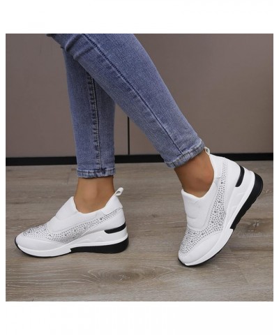 Ladies Fashion Rhinestone Leather Cloth Patched Thick Sole Wedges Heel Casual Sports Shoes Womens Casual Shoes (White, 6.5) W...