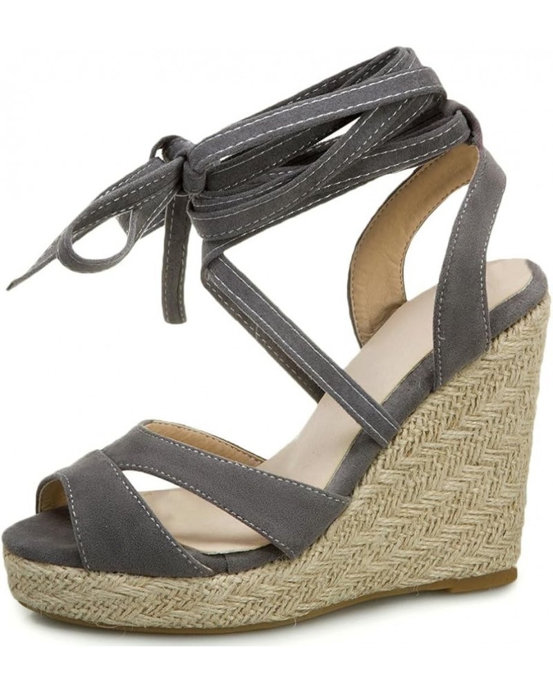 Lace Up Espadrilles Wedges For Women Peep Toe Suede Platform Sandals Grey $24.95 Sandals