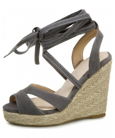 Lace Up Espadrilles Wedges For Women Peep Toe Suede Platform Sandals Grey $24.95 Sandals