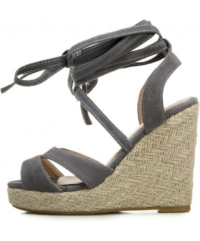 Lace Up Espadrilles Wedges For Women Peep Toe Suede Platform Sandals Grey $24.95 Sandals