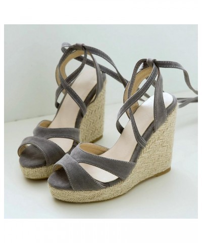 Lace Up Espadrilles Wedges For Women Peep Toe Suede Platform Sandals Grey $24.95 Sandals