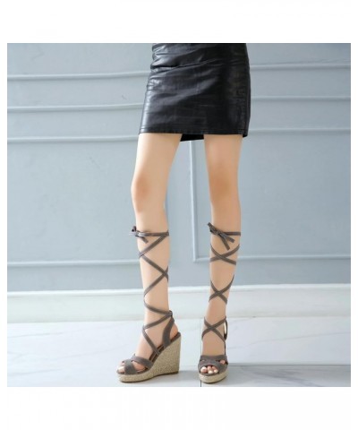 Lace Up Espadrilles Wedges For Women Peep Toe Suede Platform Sandals Grey $24.95 Sandals