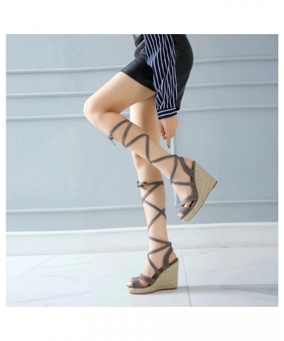 Lace Up Espadrilles Wedges For Women Peep Toe Suede Platform Sandals Grey $24.95 Sandals