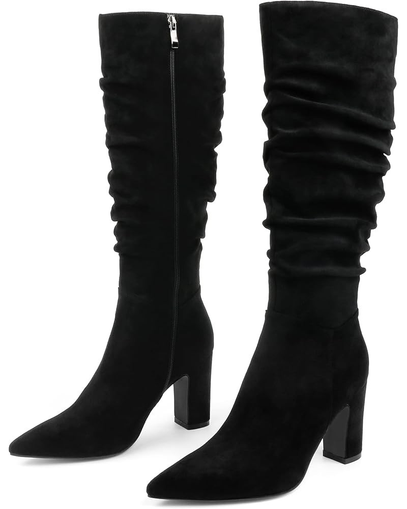 Women's High Block Heel Wrinkled Slouchy Zipper Knee High Boots Black Suede (Slouchy) $28.60 Boots