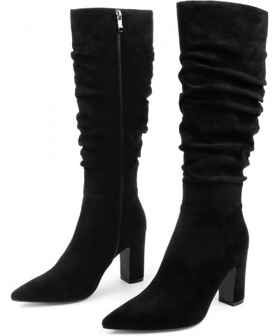 Women's High Block Heel Wrinkled Slouchy Zipper Knee High Boots Black Suede (Slouchy) $28.60 Boots