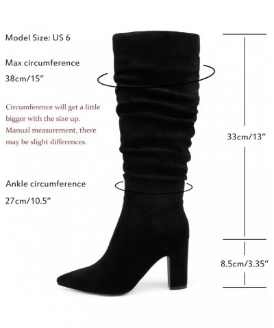 Women's High Block Heel Wrinkled Slouchy Zipper Knee High Boots Black Suede (Slouchy) $28.60 Boots