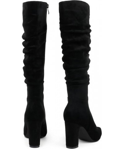 Women's High Block Heel Wrinkled Slouchy Zipper Knee High Boots Black Suede (Slouchy) $28.60 Boots