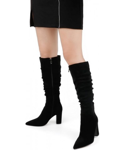 Women's High Block Heel Wrinkled Slouchy Zipper Knee High Boots Black Suede (Slouchy) $28.60 Boots