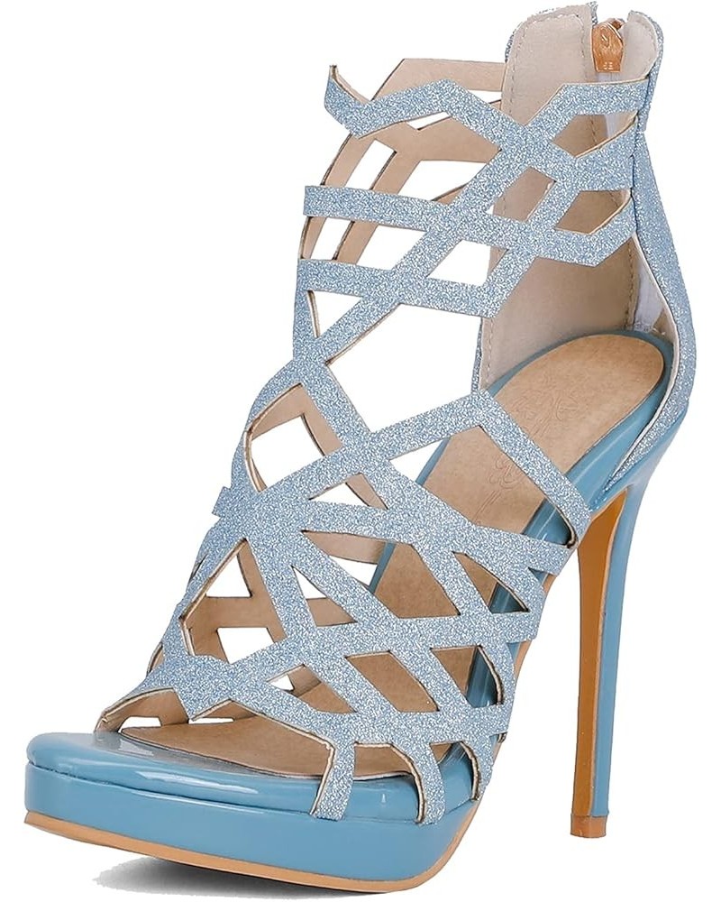 Street Women Stiletto Heel Sandals with Peep Toe Light Blue $35.09 Sandals