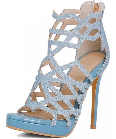 Street Women Stiletto Heel Sandals with Peep Toe Light Blue $35.09 Sandals