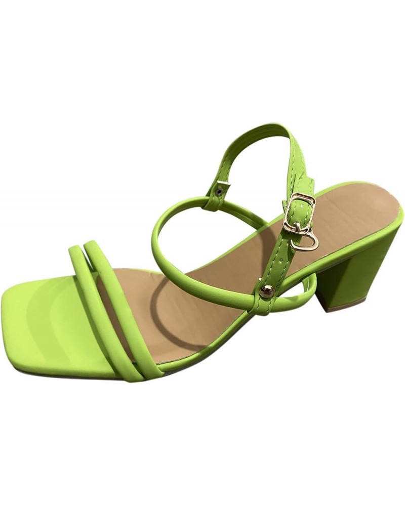 Ladies Fashion Solid Color Leather Square Head Open Toe Buckle Thick High Heeled Sandals Women Summer Sandals Green $11.17 Fa...