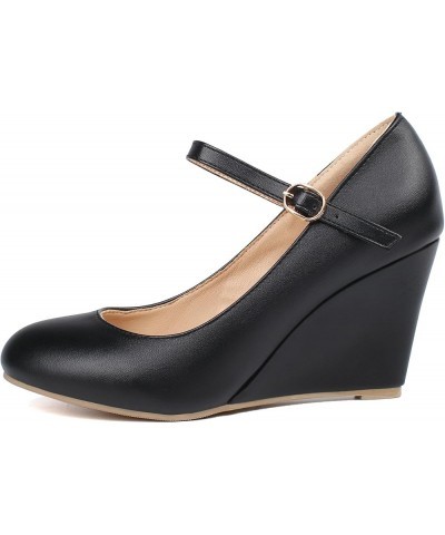 Womens Wedge Ankle Strap Pumps Mary Jane Round Toe High Heel Shoes Black Pu $29.48 Pumps