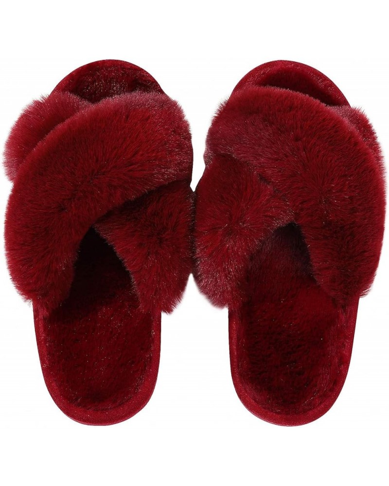 Winter Women Casual Fuzzy Slippers Female Flip Flops Fluffy Shoes Cross Slides Ladies Soft Plush Home Indoor Slippers A-red $...